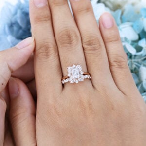 AMANDAFINEJEWELRY Emerald Cut Moissanite Rose Gold Engagement Ring Set (4)