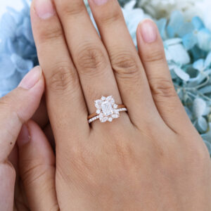 AMANDAFINEJEWELRY Emerald Cut Moissanite Rose Gold Engagement Ring Set (5)