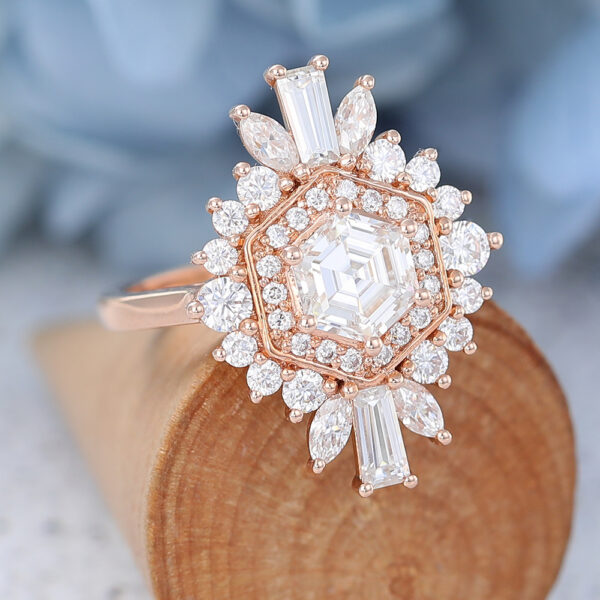 AMANDAFINEJEWELRY Hexagon Cut Moissanite Rose Gold Engagement Ring