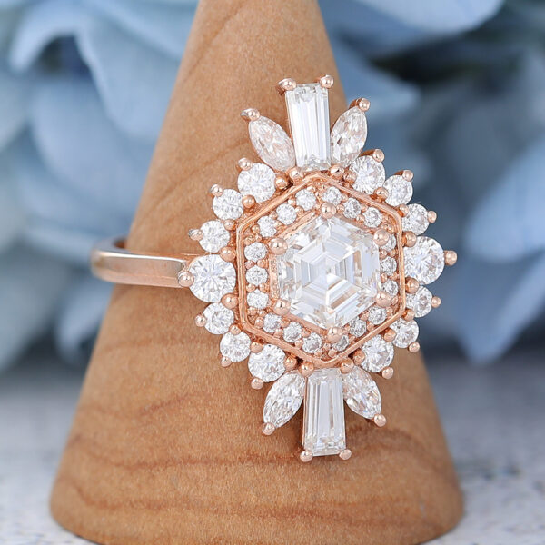 AMANDAFINEJEWELRY Hexagon Cut Moissanite Rose Gold Engagement Ring