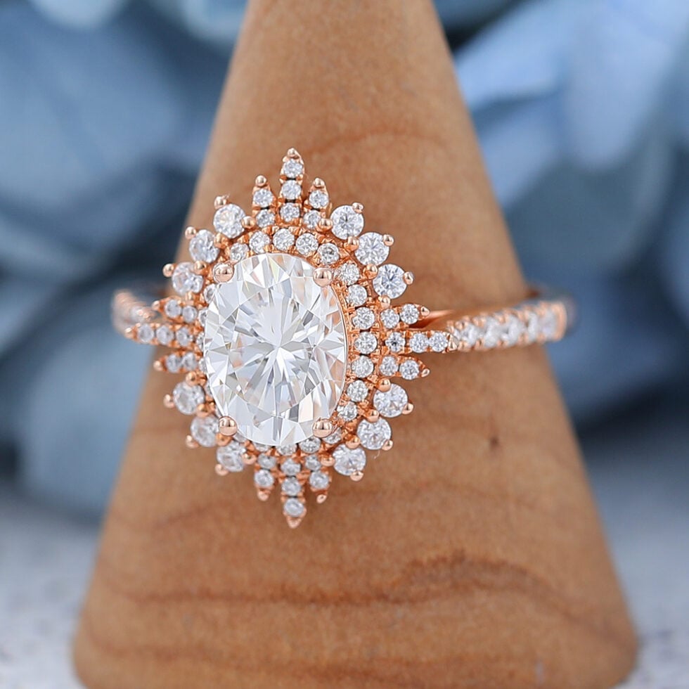 AMANDAFINEJEWELRY Moissanite Rose Gold Halo Engagement Ring