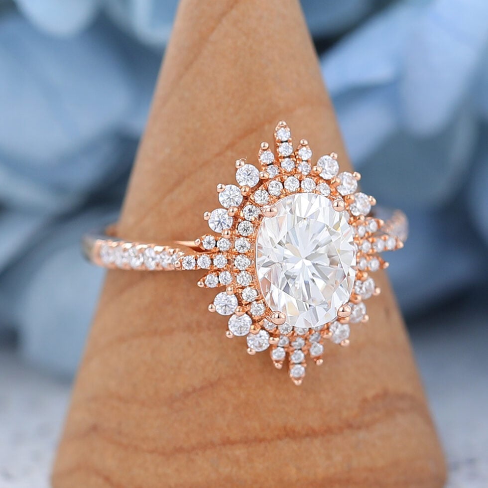 AMANDAFINEJEWELRY Moissanite Rose Gold Halo Engagement Ring
