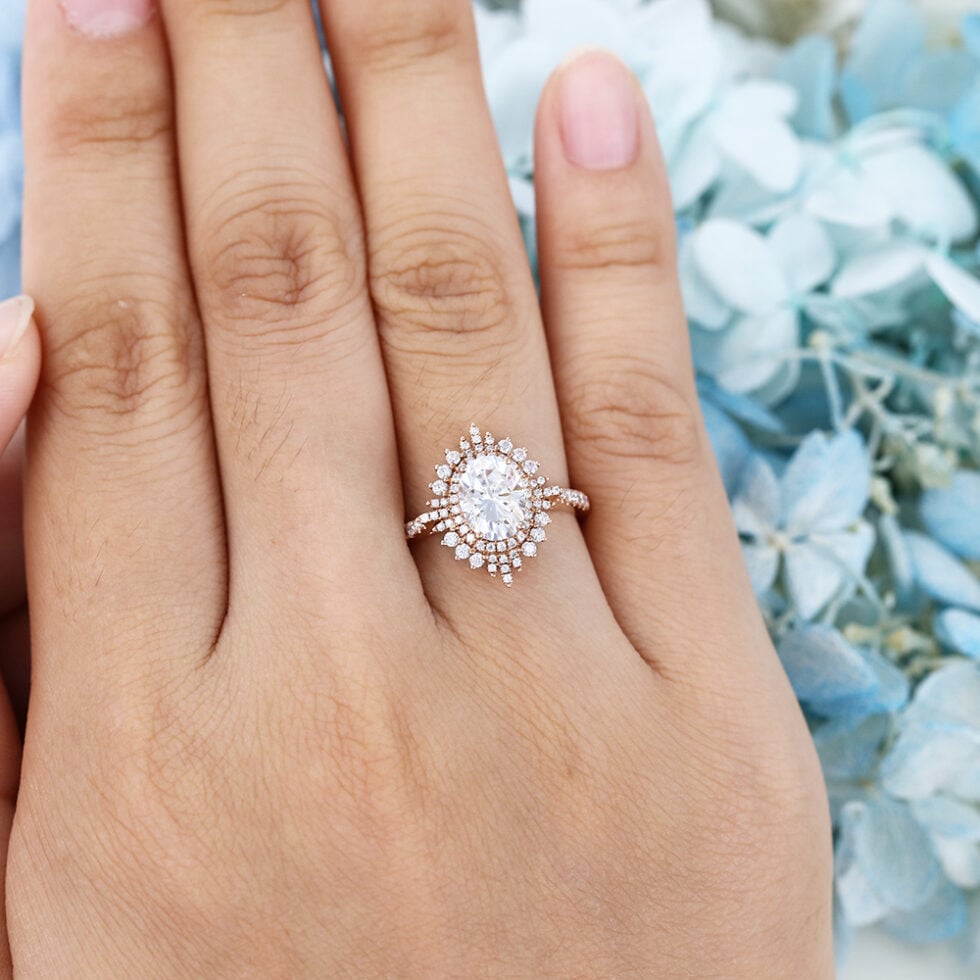 AMANDAFINEJEWELRY Moissanite Rose Gold Halo Engagement Ring