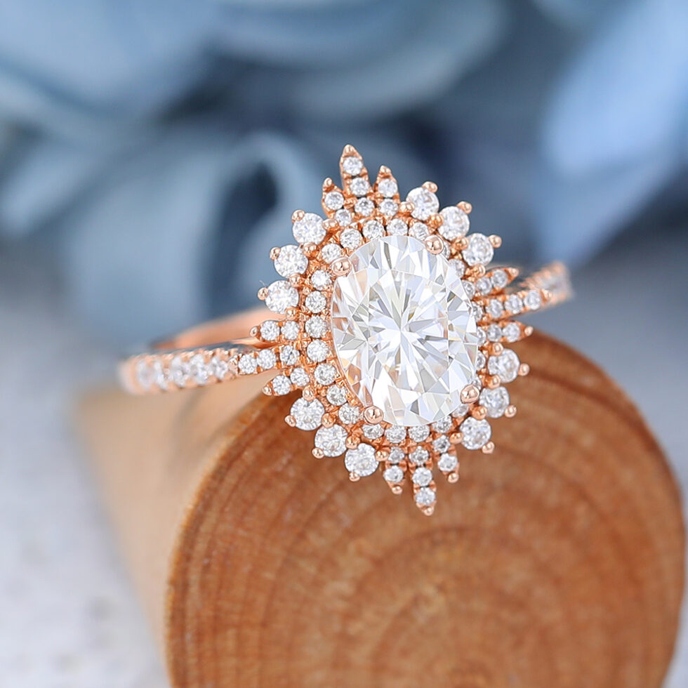 AMANDAFINEJEWELRY Moissanite Rose Gold Halo Engagement Ring