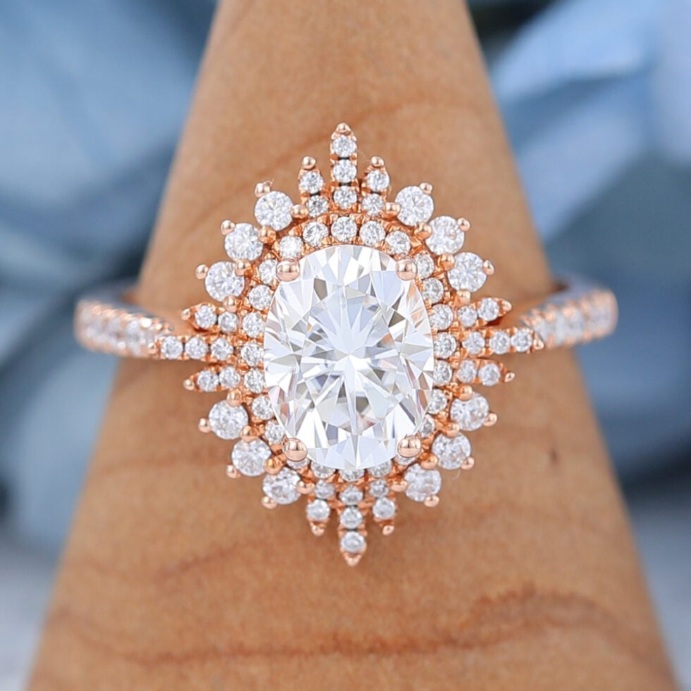 AMANDAFINEJEWELRY Moissanite Rose Gold Halo Engagement Ring
