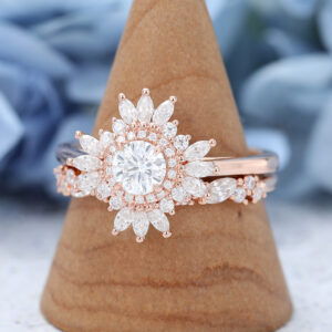 AMANDAFINEJEWELRY Moissanite Rose Gold Halo Engagement Ring Set (3)