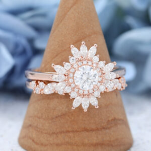 AMANDAFINEJEWELRY Moissanite Rose Gold Halo Engagement Ring Set (4)