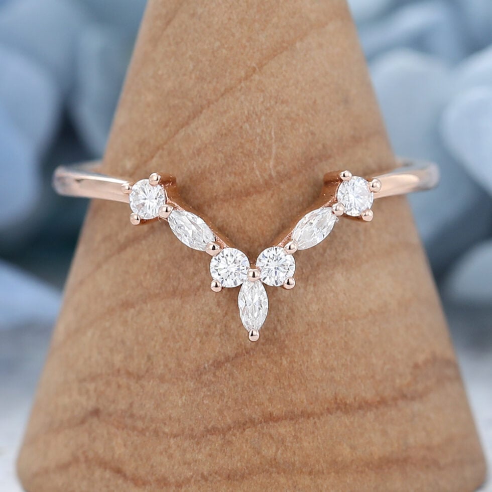 AMANDAFINEJEWELRY Curved Rose Gold Diamond Band Marquise Cut Diamond Wedding Band Delicate Vintage Unique Moissanite Matching Stacking Bridal Anniversary
