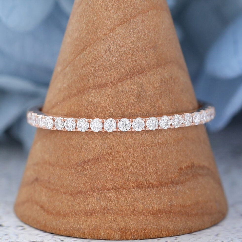 Rose gold Simple wedding band women Vintage Half eternity moissanite/diamond wedding band Vintage Stacking Matching ring Bridal Promise gift