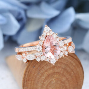 AMANDAFINEJEWELRY Morganite Rose Gold Halo Engagement Ring Set (5)