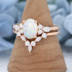 AMANDAFINEJEWELRY Opal Oval Cut Rose Gold Engagement Ring Set (2)
