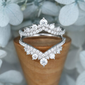 White Gold Moissanite Double Wedding Band Vintage Unique Bridal Anniversary Cluster Dainty Band1