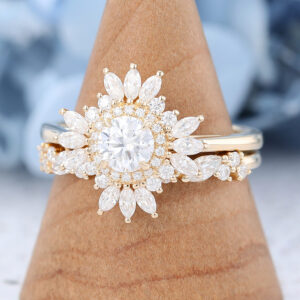 14K Yellow Gold Halo Moissanite Engagement Ring Set-1