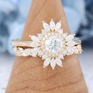 14K Yellow Gold Halo Moissanite Engagement Ring Set-2