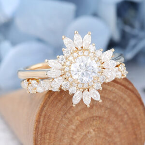 14K Yellow Gold Halo Moissanite Engagement Ring Set-4