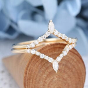 2PCs Yellow Gold Marquise cut Moissanite wedding bands-6