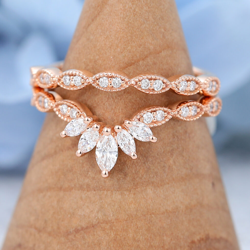 2PCS Curved Moissanite Wedding Band Rose Gold Solid Gift for Her