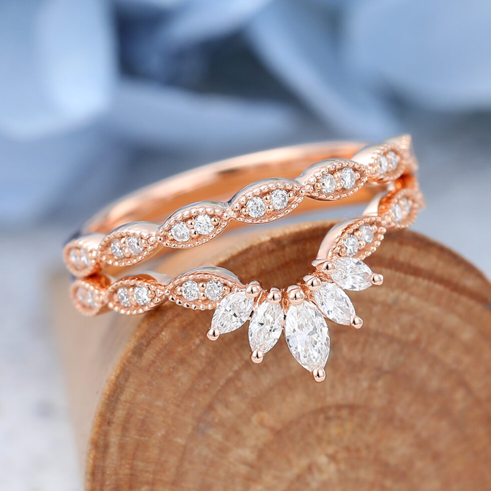 2PCS Curved Moissanite Wedding Band Rose Gold Solid Gift for Her