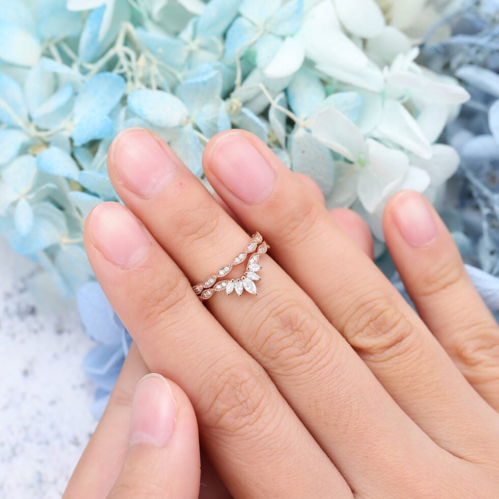 2PCS Curved Moissanite Wedding Band Rose Gold Solid Gift for Her