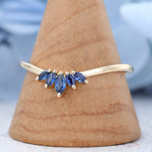 Curved yellow gold Marquise sapphire wedding band-3