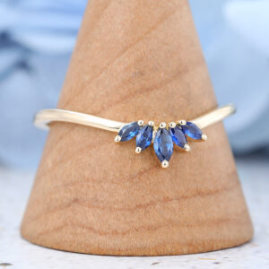 Curved yellow gold Marquise sapphire wedding band-4
