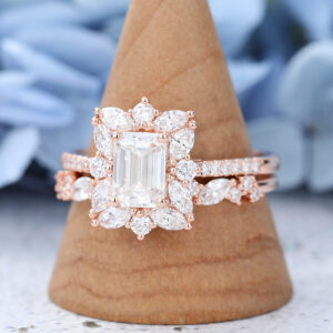 Emerald Cut Moissanite Rose Gold Engagement Ring Set -2