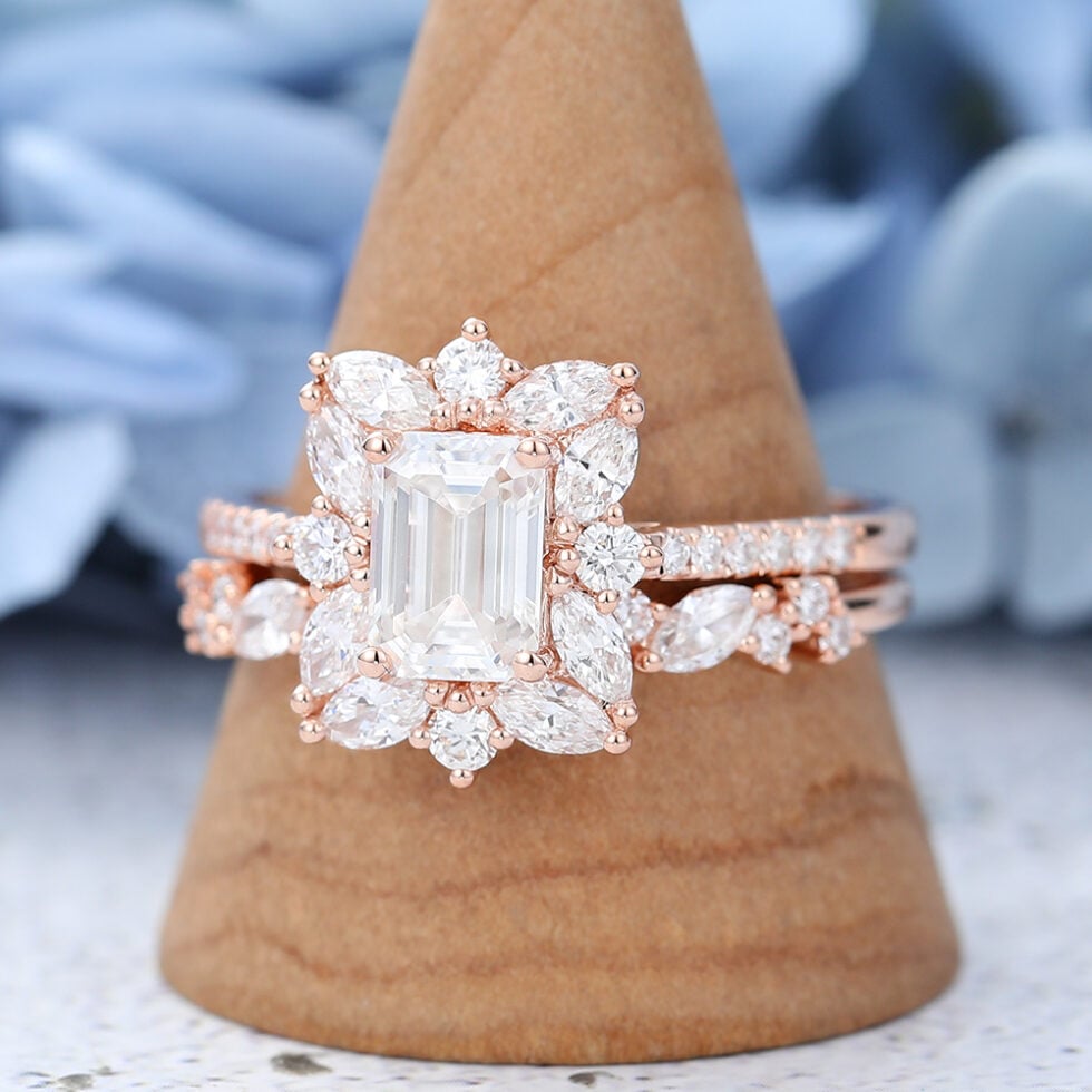 Rose Gold Unique Emerald Cut Moissanite Engagement Ring Set