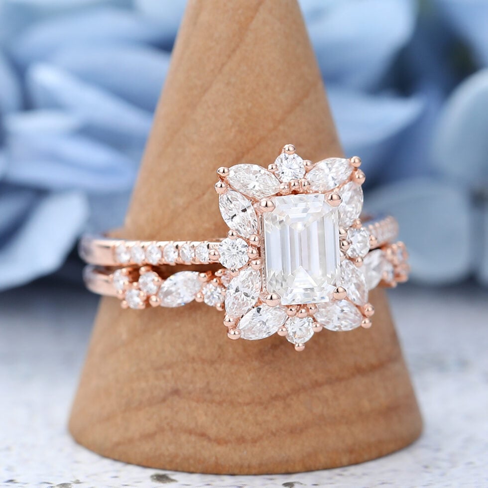 Rose Gold Unique Emerald Cut Moissanite Engagement Ring Set