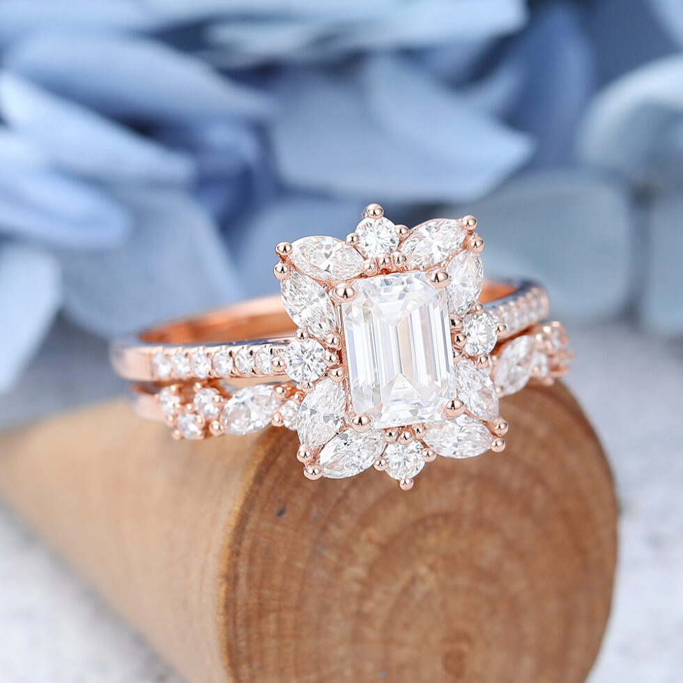 Rose Gold Unique Emerald Cut Moissanite Engagement Ring Set