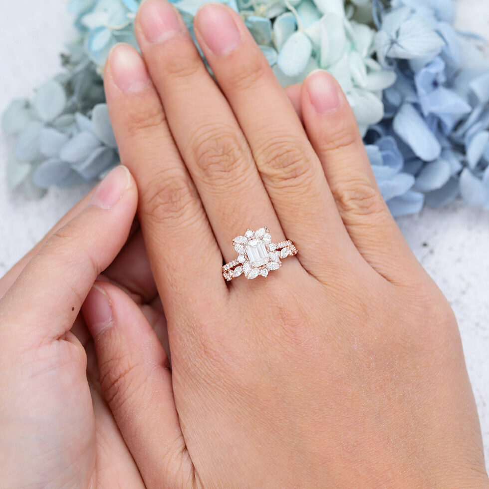 Rose Gold Unique Emerald Cut Moissanite Engagement Ring Set