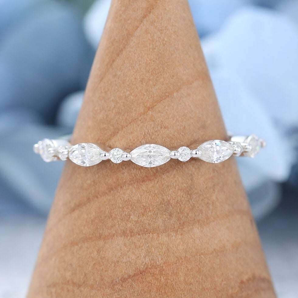 amandafinejewelry Vintage Marquise Cut Moissanite Wedding Band In White Gold