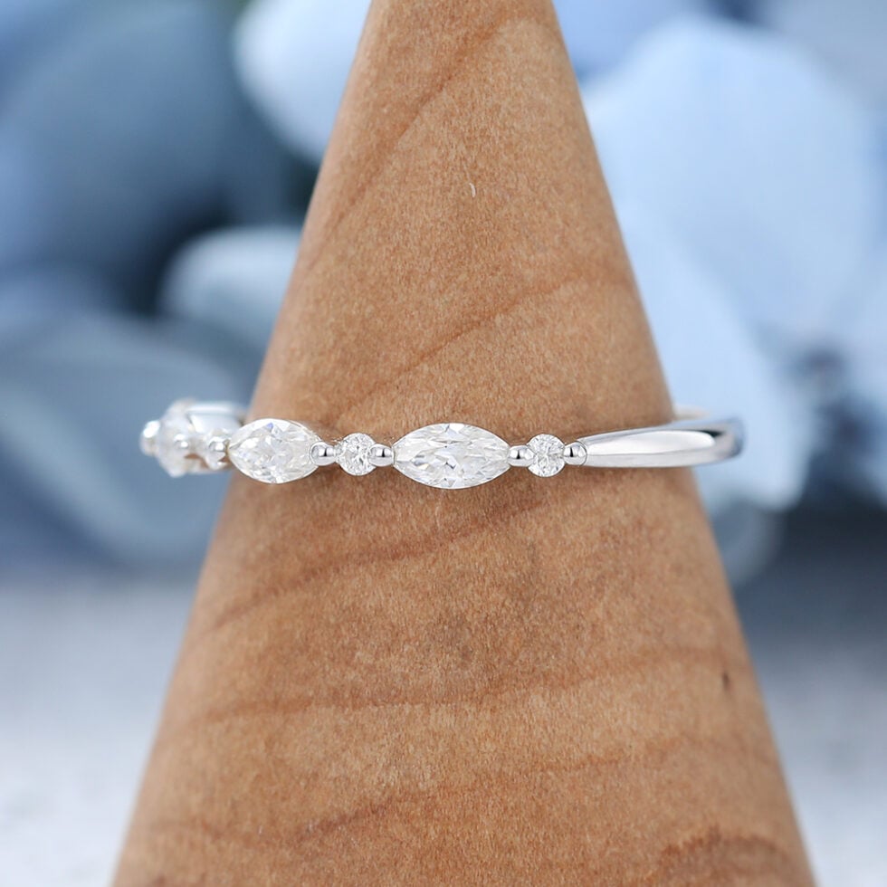 Vintage Marquise Cut Moissanite Wedding Band In White Gold