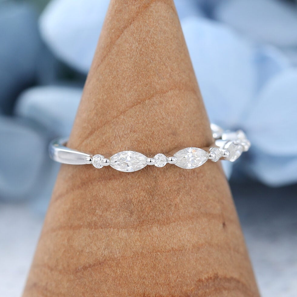 Vintage Marquise Cut Moissanite Wedding Band In White Gold