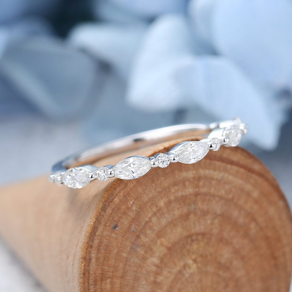 Vintage Marquise Cut Moissanite Wedding Band In White Gold