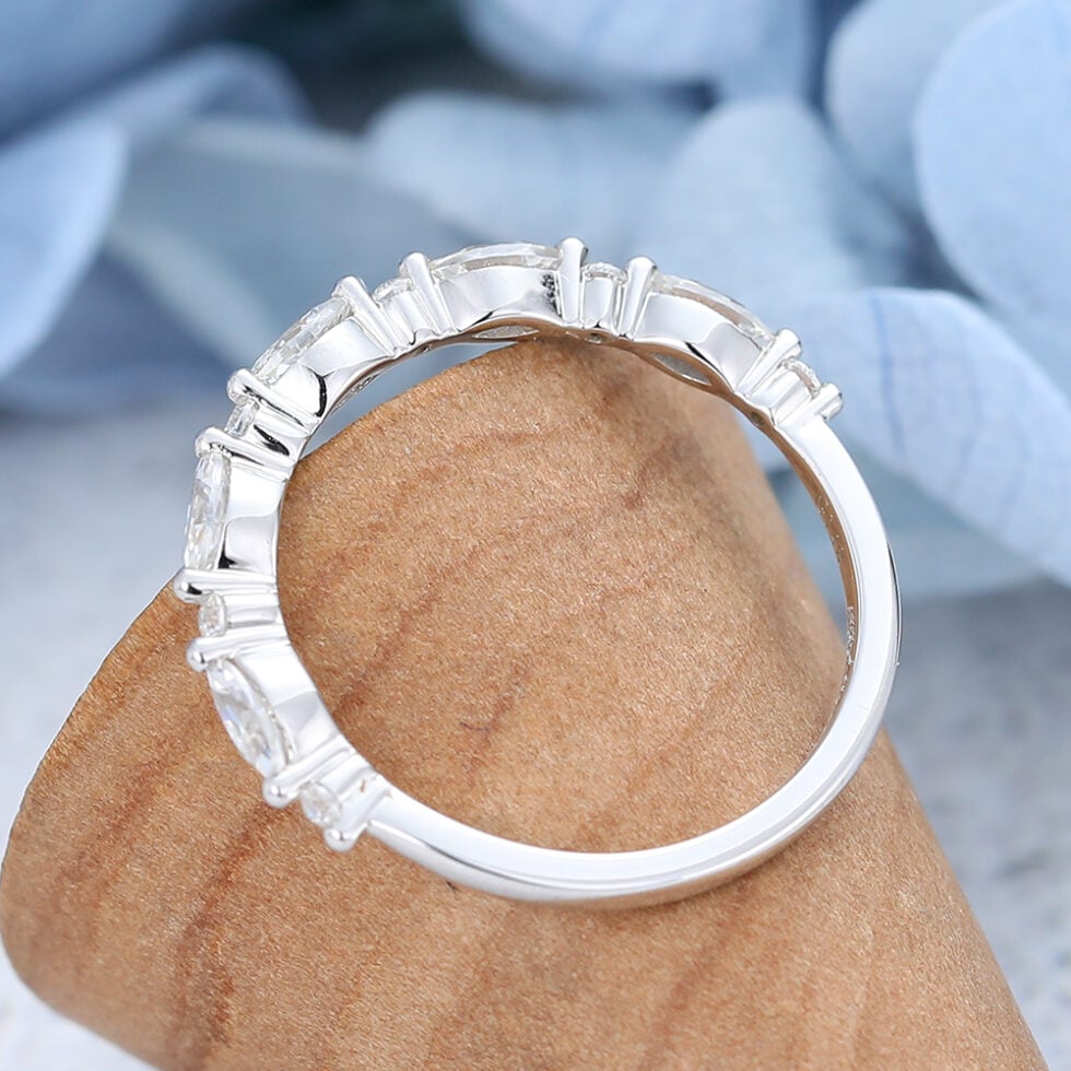 Vintage Marquise Cut Moissanite Wedding Band In White Gold