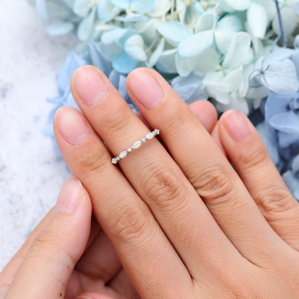 Vintage Marquise Cut Moissanite Wedding Band In White Gold
