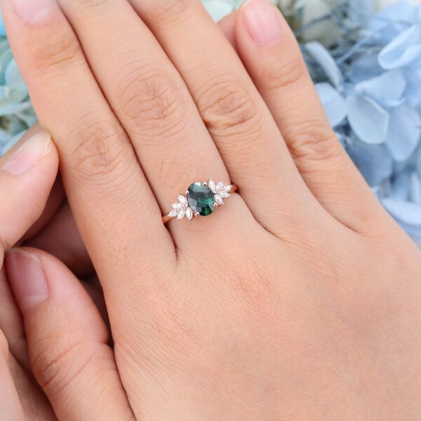 Rose Gold Oval cut Green Blue Sapphire Engagement Ring-1