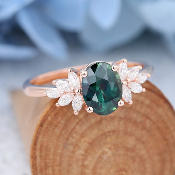 Rose Gold Oval cut Green Blue Sapphire Engagement Ring-3