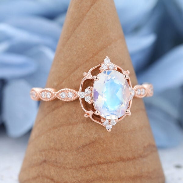 Rose Gold Oval cut Moonstone Engagement ring -4