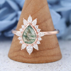 Rose Gold Pear Shaped Moss Agate Engagement ring -3