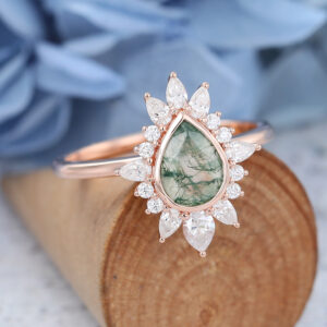 Rose Gold Pear Shaped Moss Agate Engagement ring -5