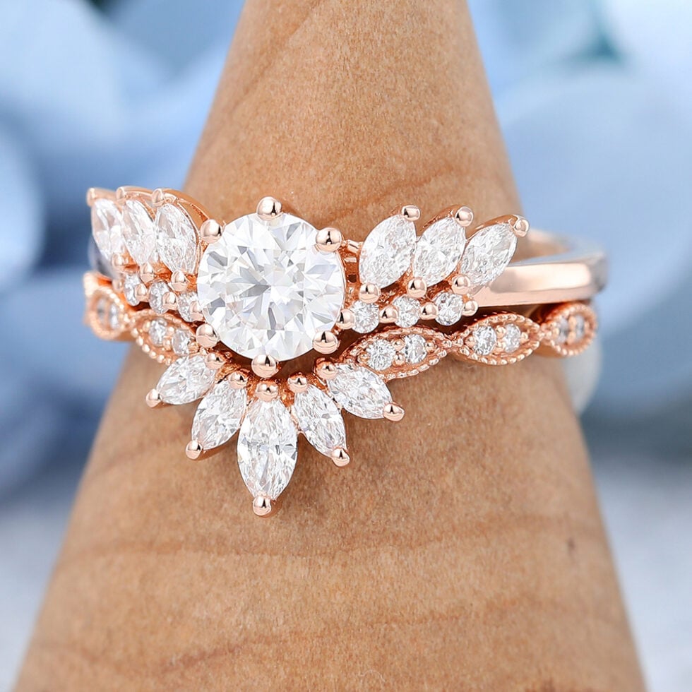 Unique Moissanite Engagement Ring Set Rose Gold Promise Anniversary Delicate Ring
