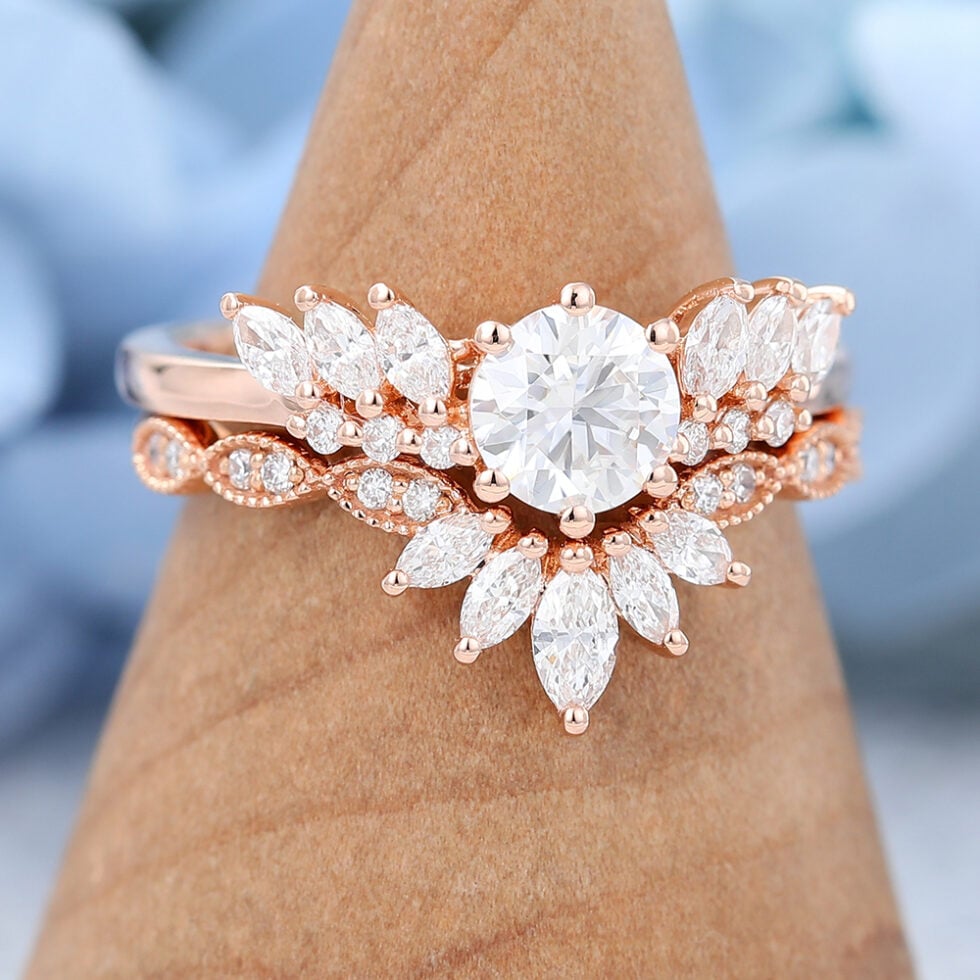 Unique Moissanite Engagement Ring Set Rose Gold Promise Anniversary Delicate Ring