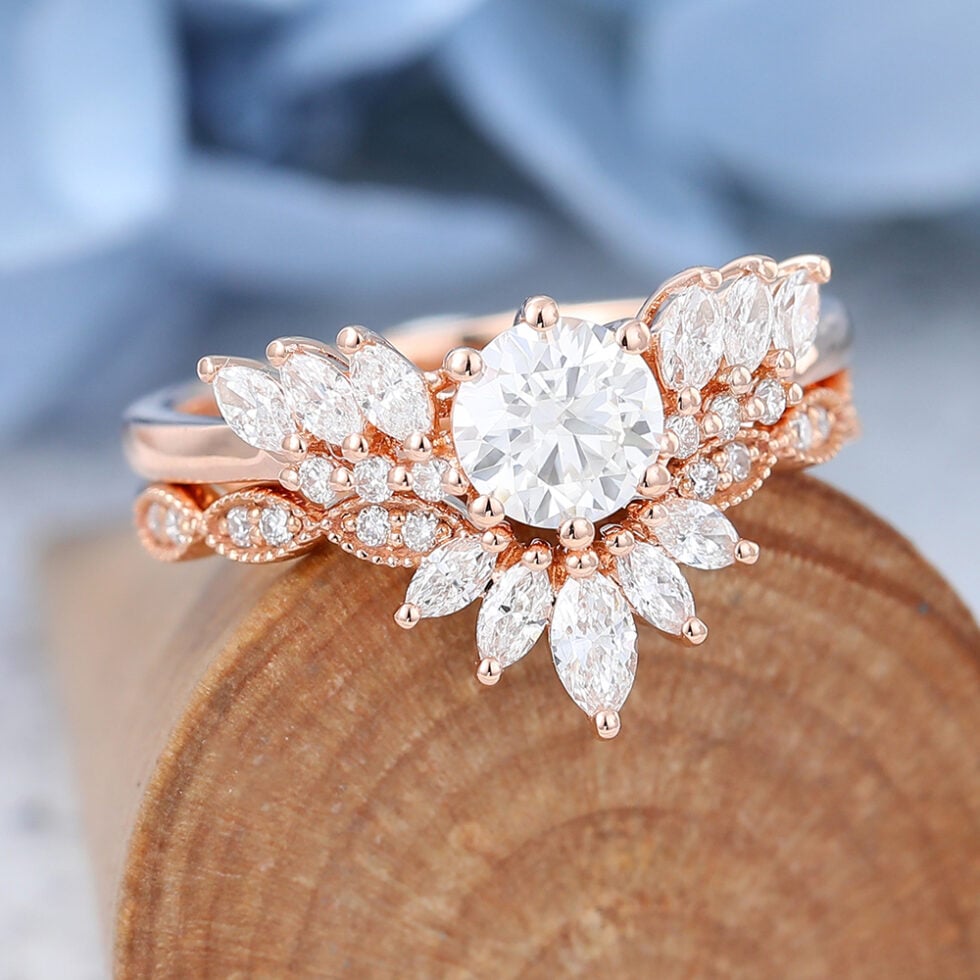 Unique Moissanite Engagement Ring Set Rose Gold Promise Anniversary Delicate Ring