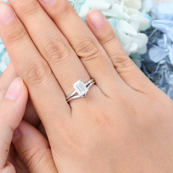 White Gold Emerald Cut Moissanite Engagement Ring Set -2