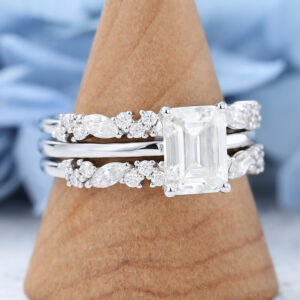 White Gold Emerald Cut Moissanite Engagement Ring Set-3