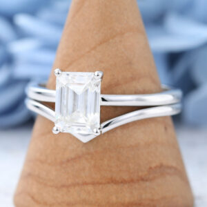 White Gold Emerald Cut Moissanite Engagement Ring Set -3