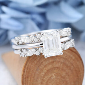 White Gold Emerald Cut Moissanite Engagement Ring Set-4