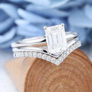 White Gold Emerald Cut Moissanite Engagement Ring Set-4