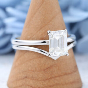 White Gold Emerald Cut Moissanite Engagement Ring Set -4